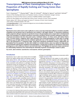 Transcriptomes of Plant Gametophytes Have a Higher Proportion of Rapidly Evolving and Young Genes Than Sporophytes Toni I