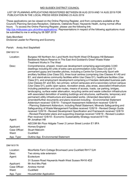 Planning Applications Received 08 Aug to 14 Aug 2019