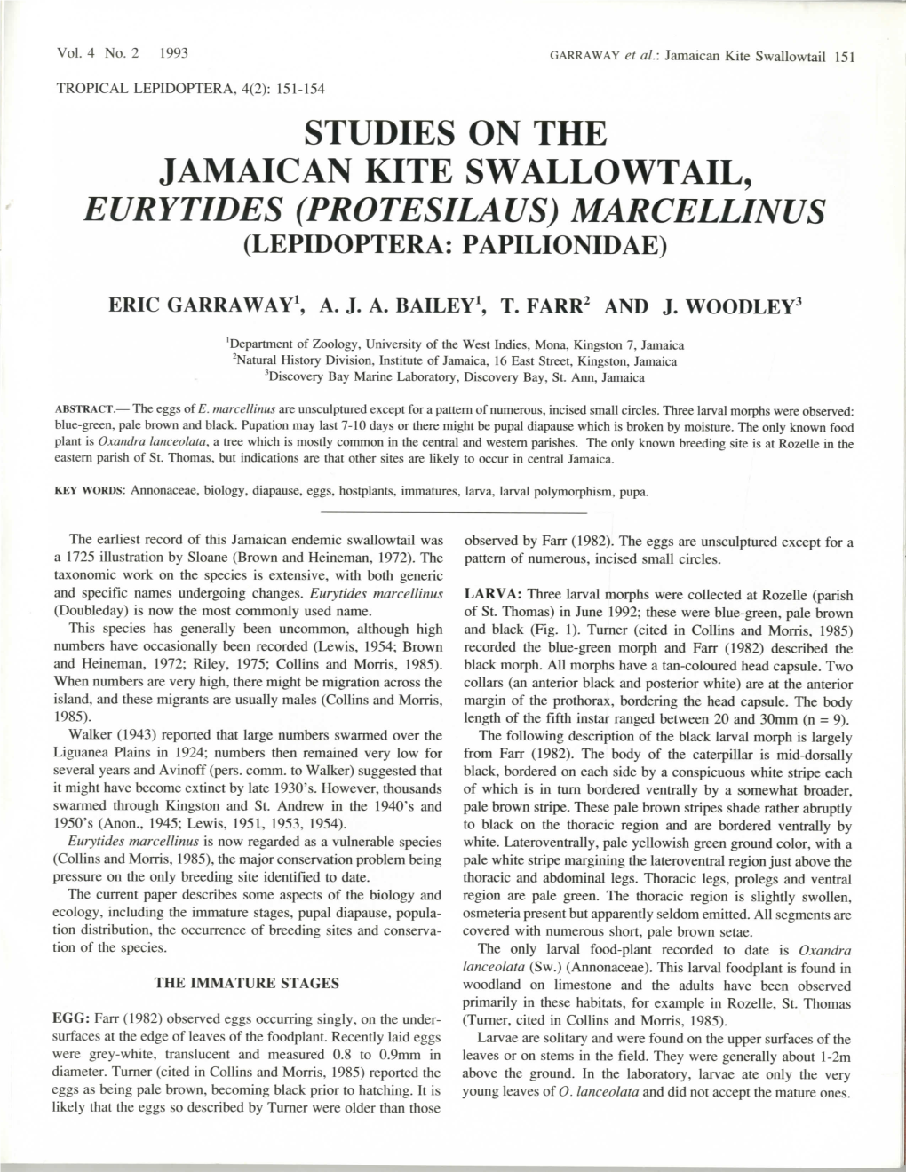 Studies on the Jamaican Kite Swallowtail, Eurytides (Protesilaus) Marcellinus (Lepidoptera: Papilionidae)