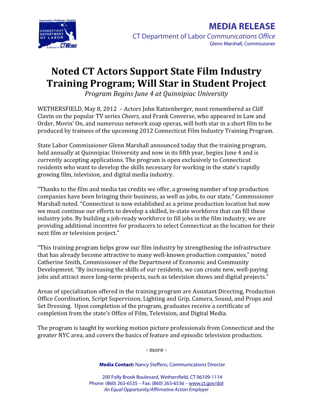Noted CT Actors Support State Film Industry Training Program; Will Star in Student Project Program Begins June 4 at Quinnipiac University