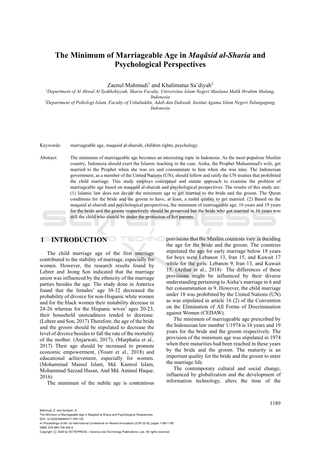 The Minimum of Marriageable Age in Maqāsid Al-Sharia and Psychological Perspectives