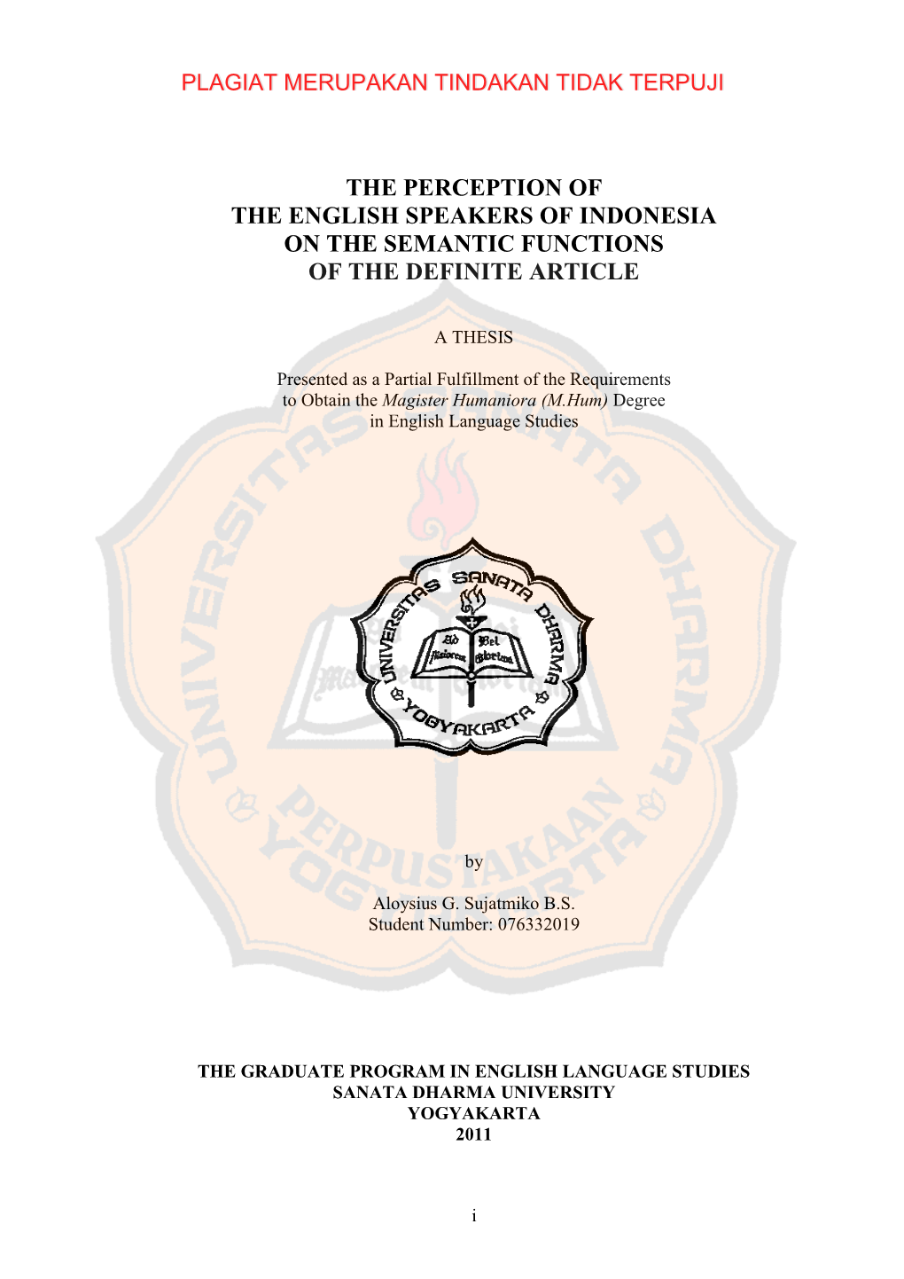 The Perception of the English Speakers of Indonesia on the Semantic Functions of the Definite Article