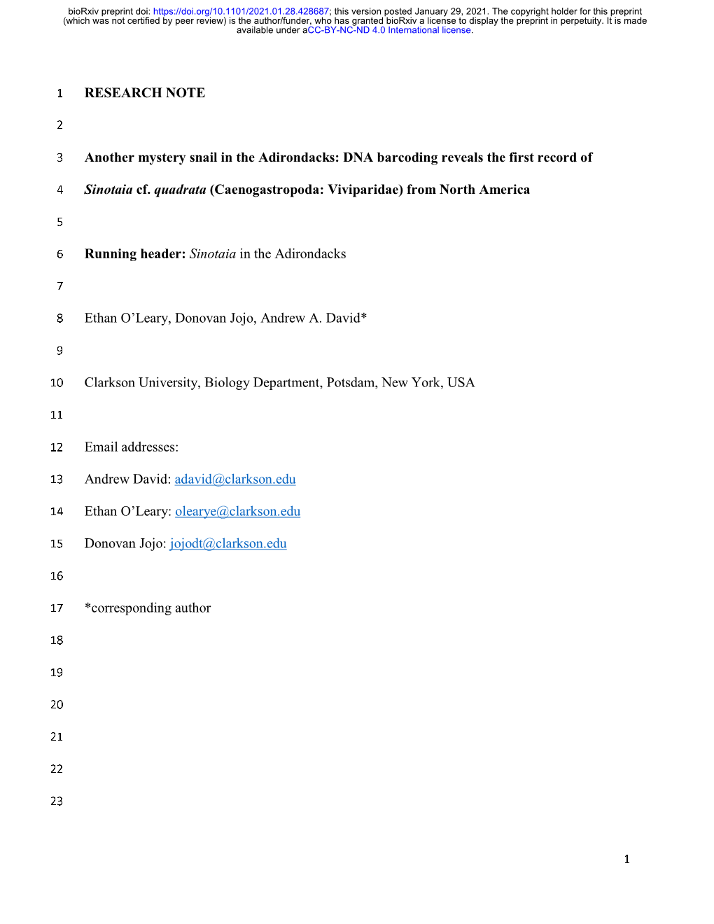 RESEARCH NOTE Another Mystery Snail in the Adirondacks: DNA Barcoding Reveals the First Record of Sinotaia Cf. Quadrata