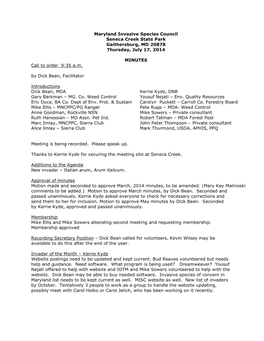 Maryland Invasive Species Council Seneca Creek State Park Gaithersburg, MD 20878 Thursday, July 17, 2014