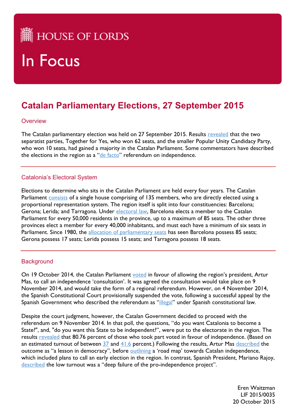 Catalan Parliamentary Elections, 27 September 2015