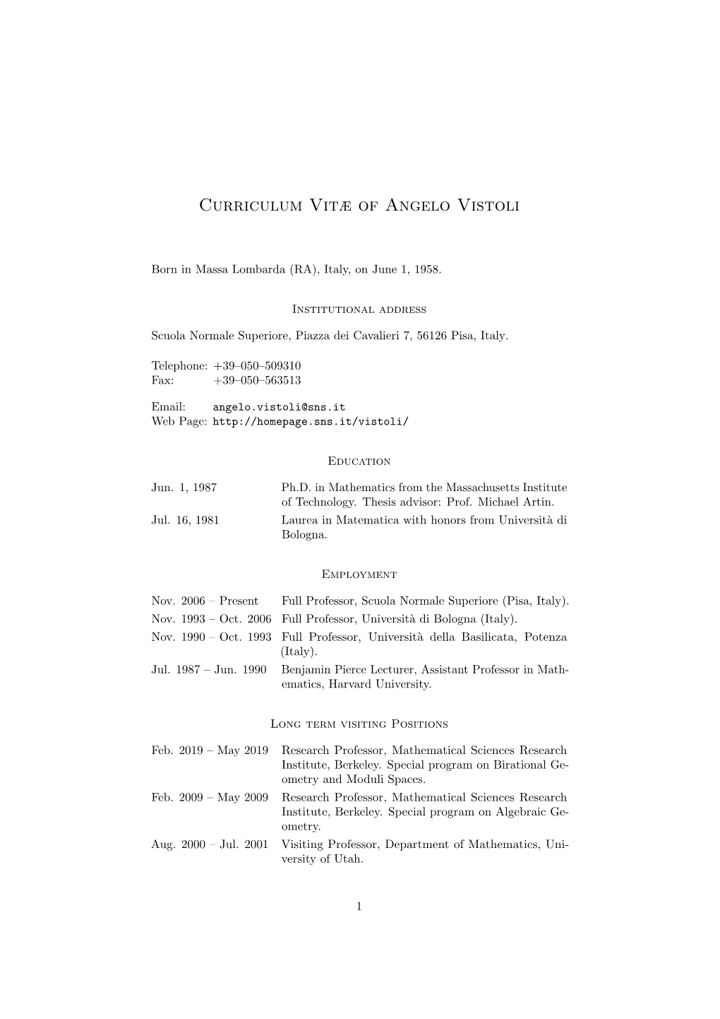 Curriculum Vitæ of Angelo Vistoli