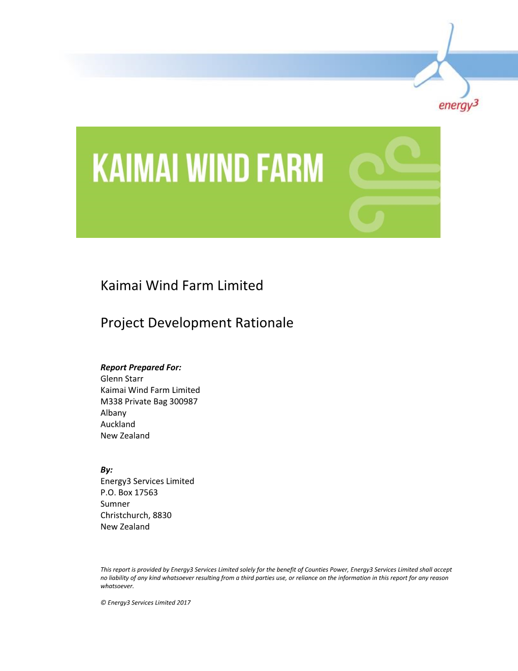 Kaimai Wind Farm Limited Project Development Rationale