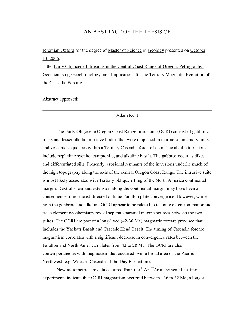 Early Oligocene Intrusions in the Central Coast Range of Oregon