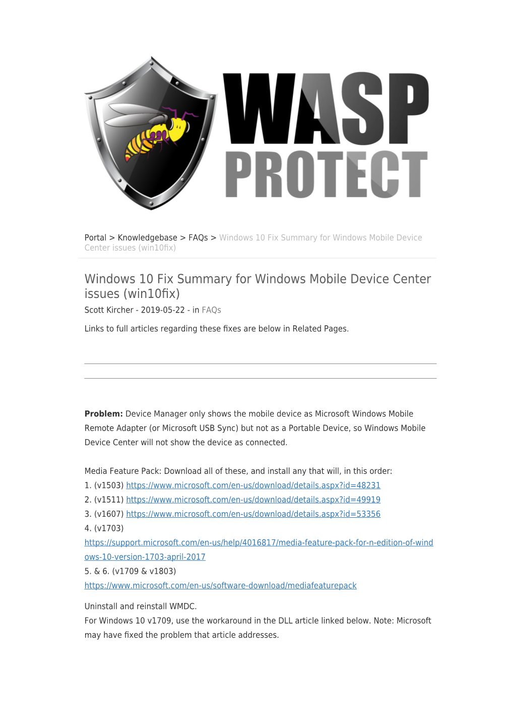 Windows 10 Fix Summary for Windows Mobile Device Center Issues (Win10ﬁx)