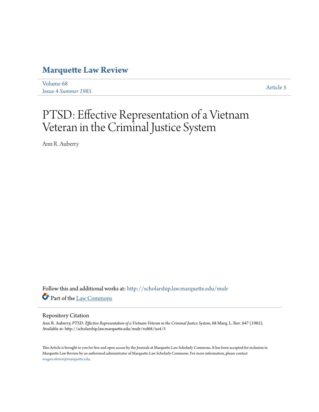 PTSD: Effective Representation of a Vietnam Veteran in the Criminal Justice System Ann R