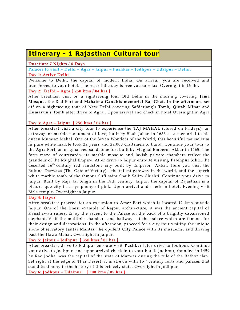 Itinerary - 1 Rajasthan Cultural Tour