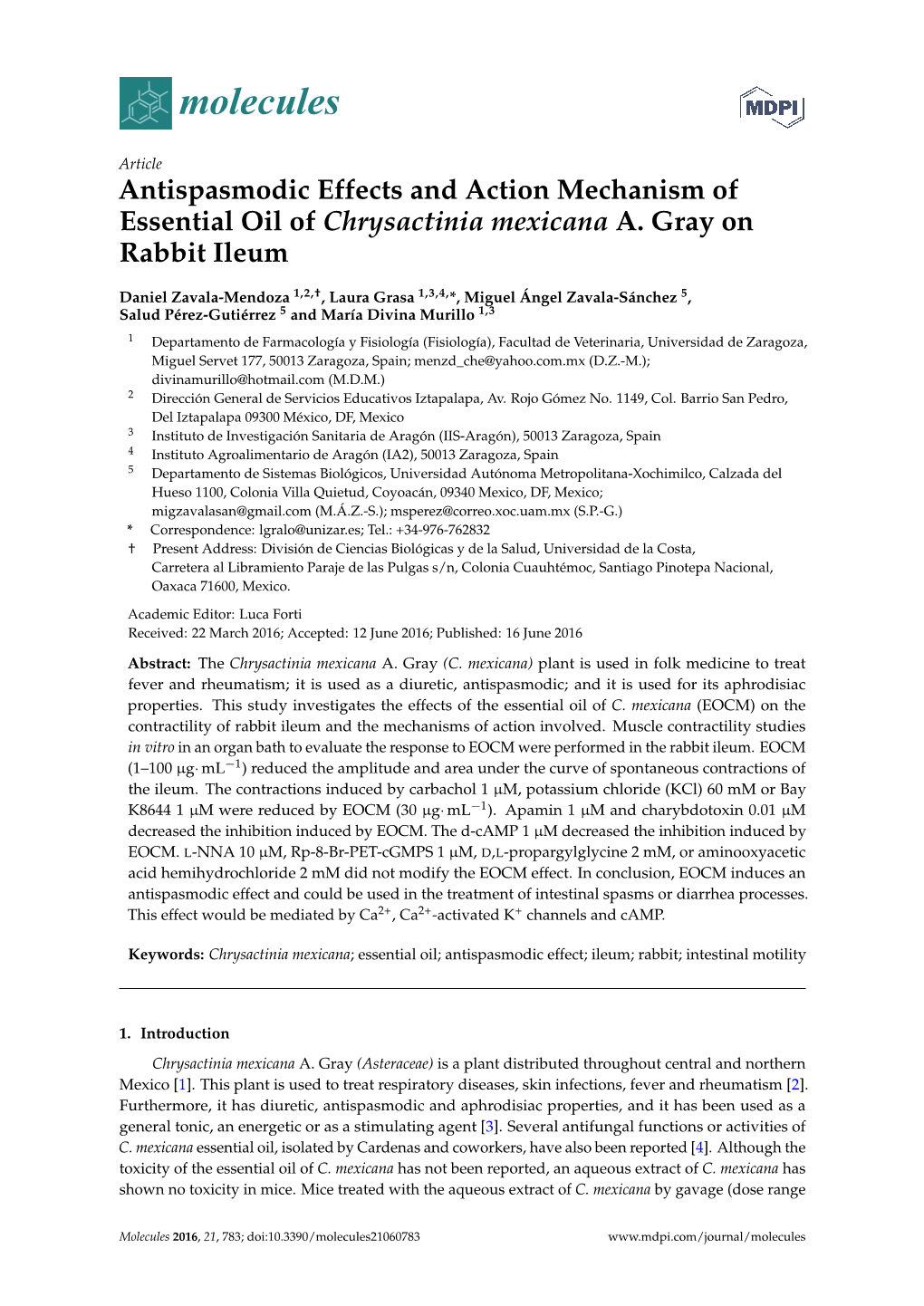 Antispasmodic Effects and Action Mechanism of Essential Oil of Chrysactinia Mexicana A