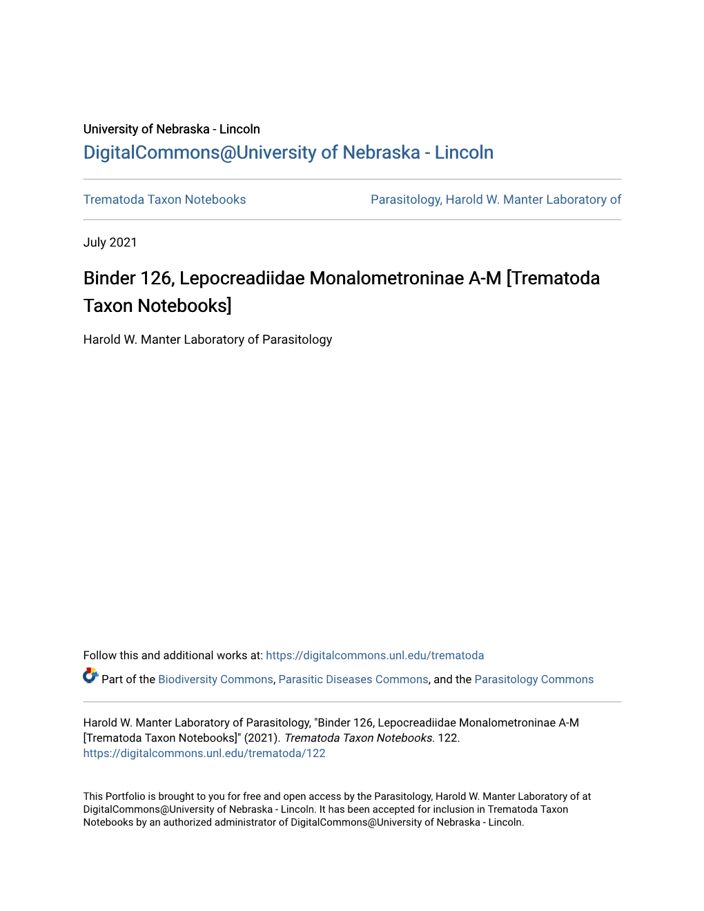 Binder 126, Lepocreadiidae Monalometroninae A-M [Trematoda Taxon Notebooks]