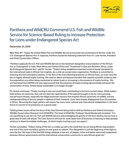Panthera and Wildcru Commend U.S. Fish and Wildlife Service for Science-Based Ruling to Increase Protection for Lions Under Endangered Species Act