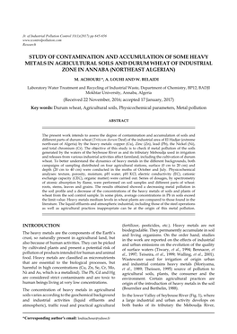 Study of Contamination and Accumulation of Some Heavy Metals in Agricultural Soils and Durum Wheat of Industrial Zone in Annaba (Northeast Algerian)