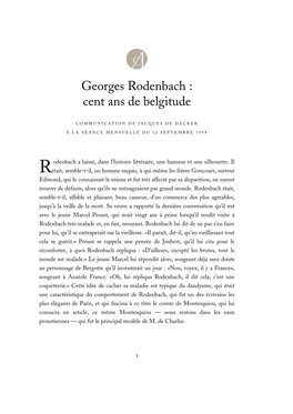 Georges Rodenbach : Cent Ans De Belgitude
