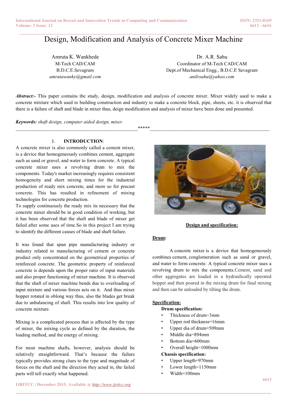 Design, Modification and Analysis of Concrete Mixer Machine