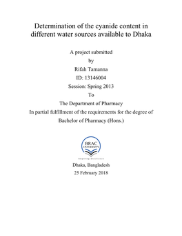 Determination of the Cyanide Content in Different Water Sources Available to Dhaka