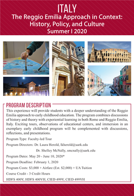 The Reggio Emilia Approach in Context: History, Policy, and Culture Summer I 2020