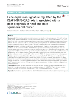 Gene-Expression Signature Regulated by the KEAP1-NRF2-CUL3 Axis Is Associated with a Poor Prognosis in Head and Neck Squamous Cell Cancer Akhileshwar Namani1†, Md