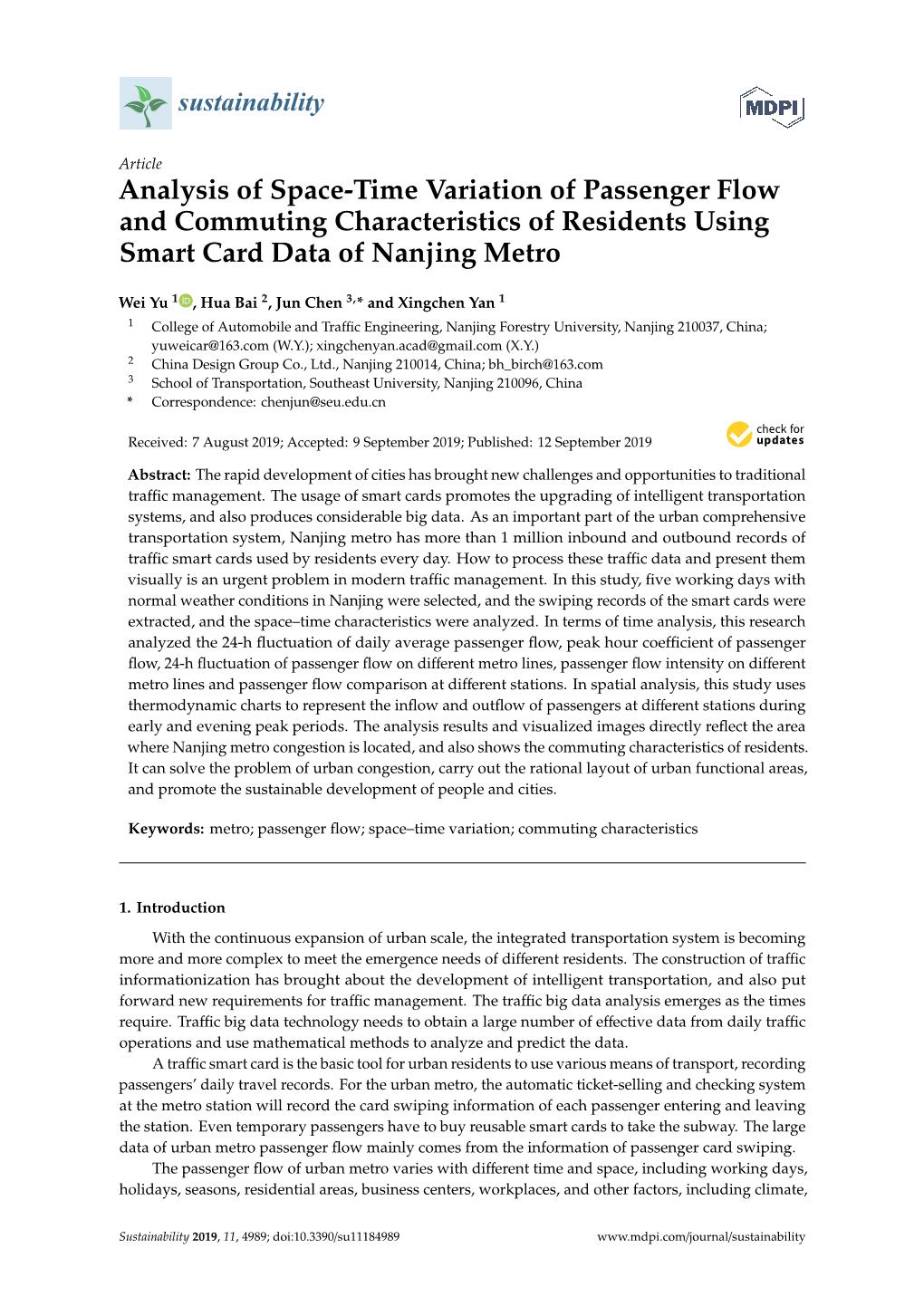 Analysis of Space-Time Variation of Passenger Flow and Commuting Characteristics of Residents Using Smart Card Data of Nanjing Metro