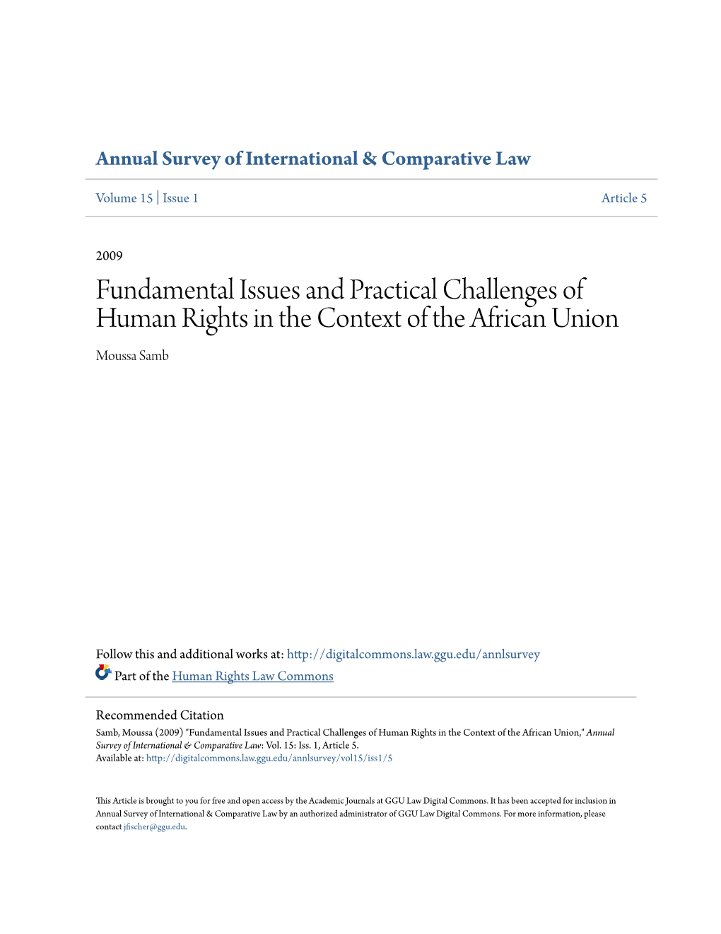 Fundamental Issues and Practical Challenges of Human Rights in the Context of the African Union Moussa Samb