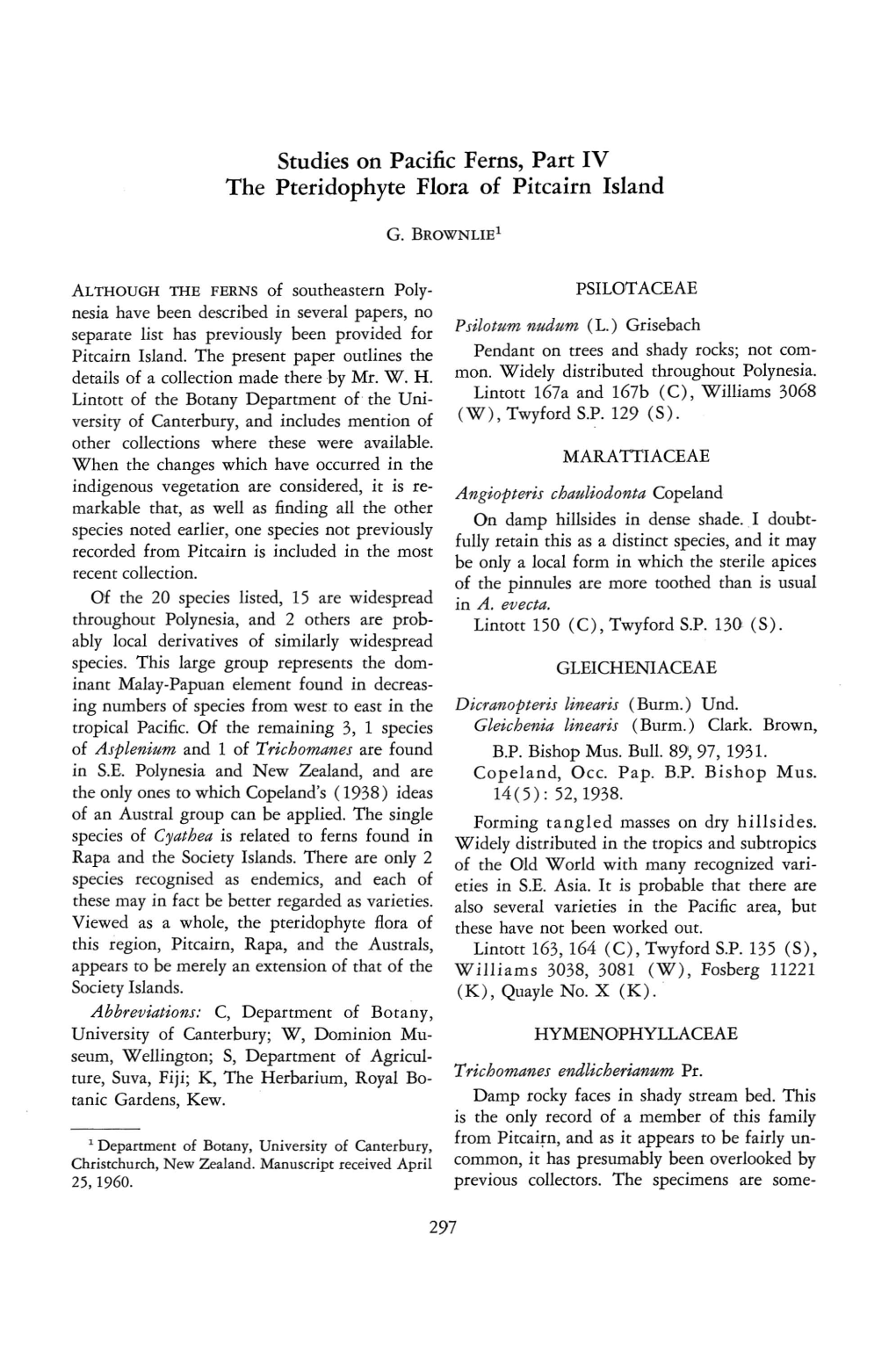 Studies on Pacific Ferns, Part IV the Pteridophyte Flora of Pitcairn Island