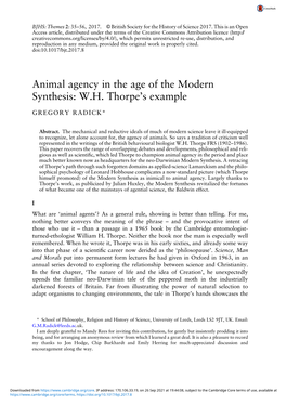 Animal Agency in the Age of the Modern Synthesis: W.H. Thorpe's