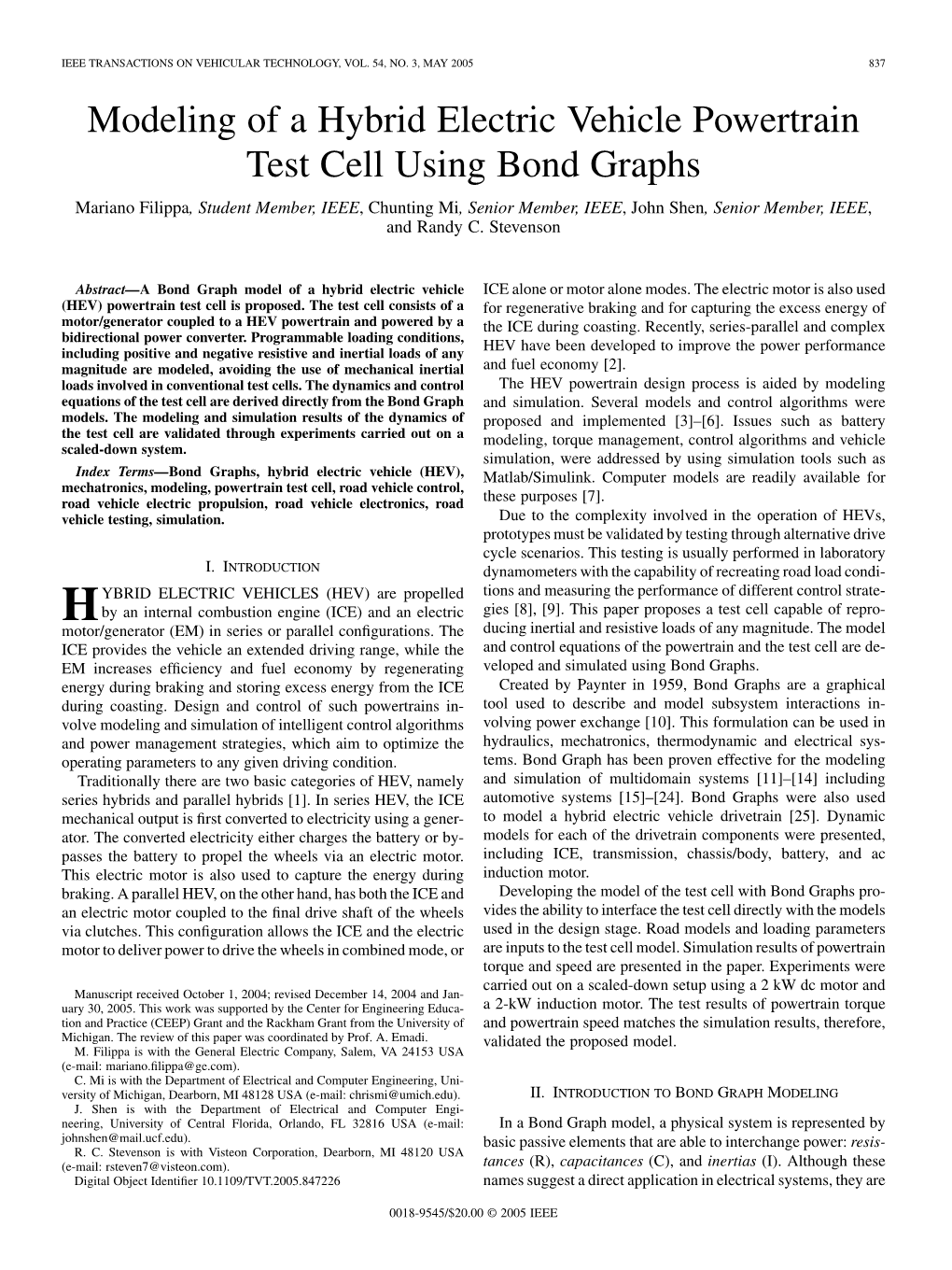 Modeling of a Hybrid Electric Vehicle Powertrain Test Cell Using Bond