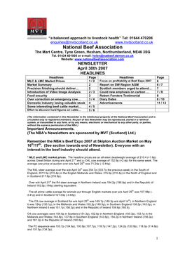 National Beef Association the Mart Centre, Tyne Green, Hexham, Northumberland, NE46 3SG Tel