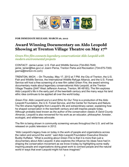 Award Winning Documentary on Aldo Leopold Showing at Trenton Village Theatre on May 17Th