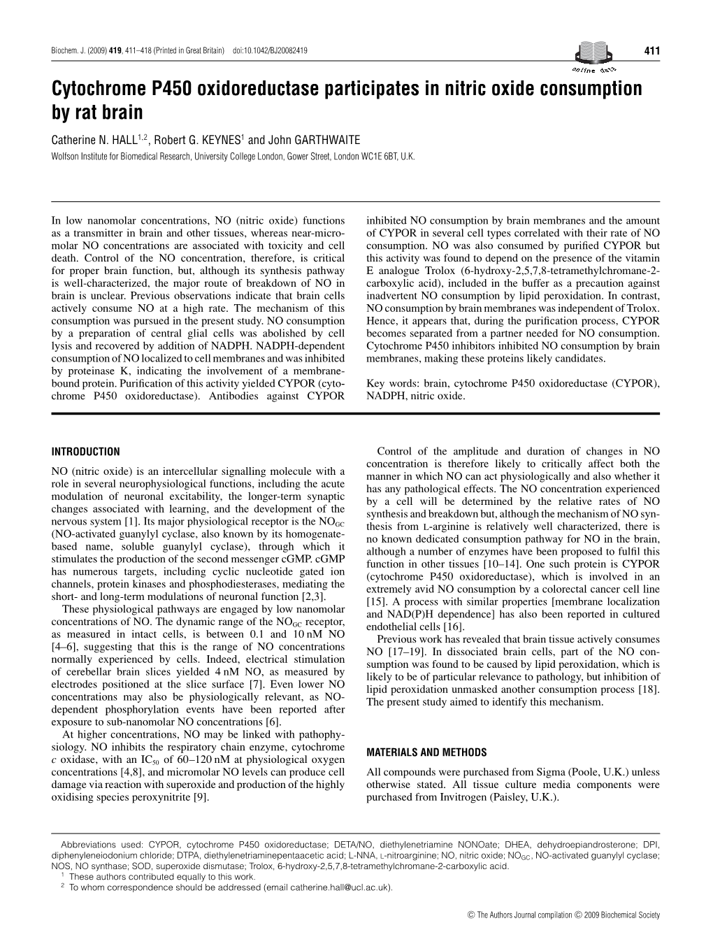 Cytochrome P450 Oxidoreductase Participates in Nitric Oxide Consumption by Rat Brain Catherine N