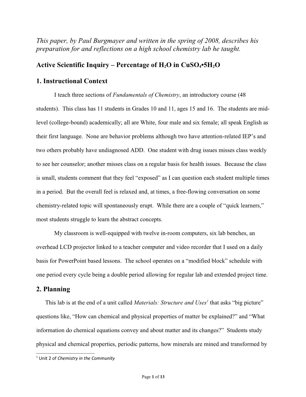 Entry 2 - Active Scientific Inquiry Percentage of H2O in Cuso4 5H2O