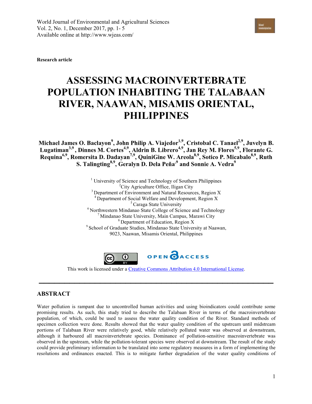 Assessing Macroinvertebrate Population Inhabiting the Talabaan River, Naawan, Misamis Oriental, Philippines