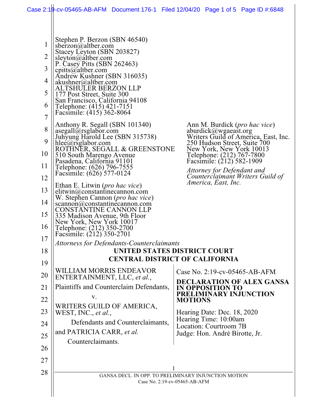 ALEX GANSA 21 Plaintiffs and Counterclaim Defendants, in OPPOSITION to V