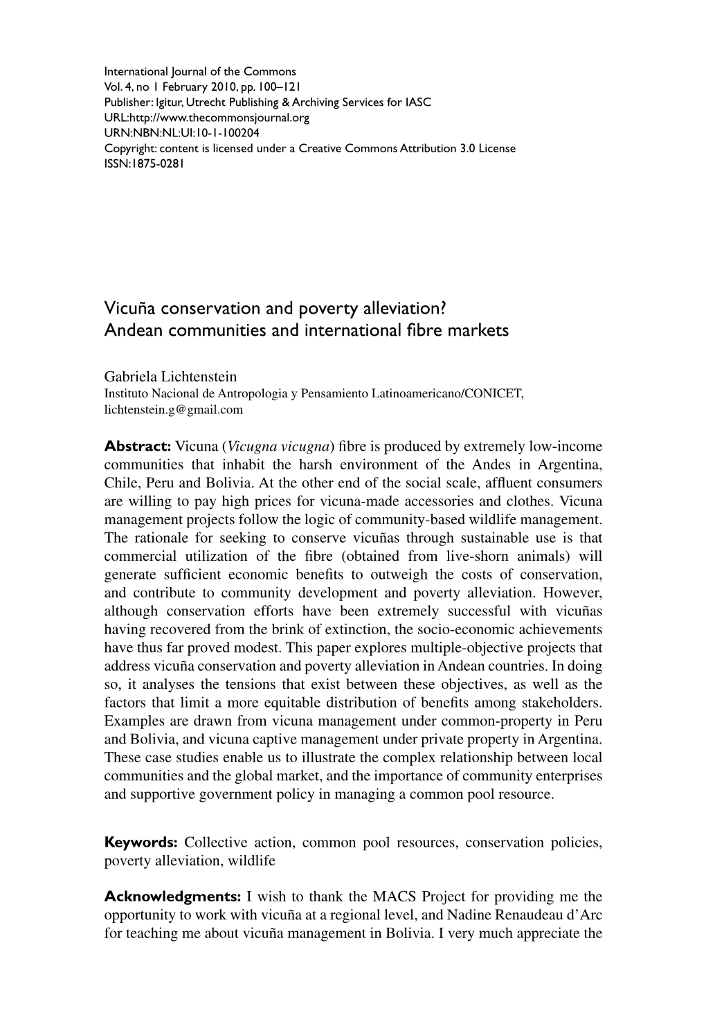 Vicuña Conservation and Poverty Alleviation? Andean Communities and International Fibre Markets