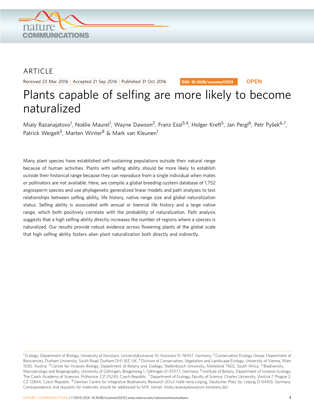 Plants Capable of Selfing Are More Likely to Become Naturalized