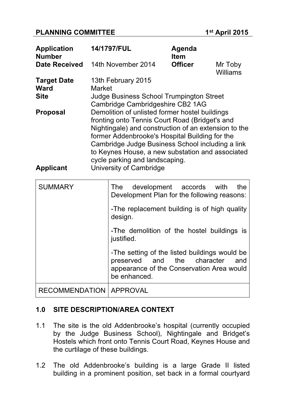 PLANNING COMMITTEE 1St April 2015 Application Number 14/1797