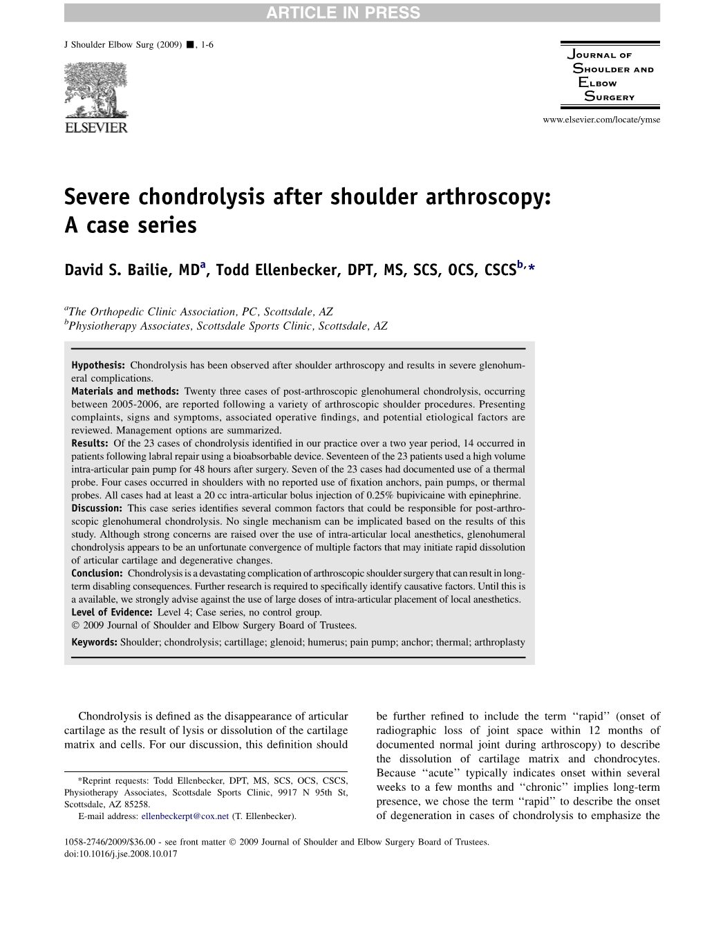 Severe Chondrolysis After Shoulder Arthroscopy: a Case Series