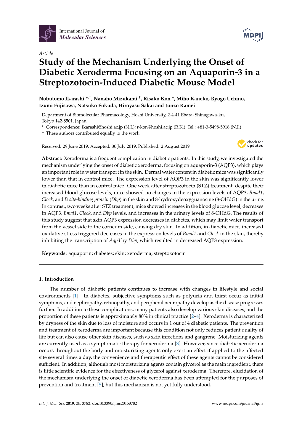 Study of the Mechanism Underlying the Onset of Diabetic Xeroderma Focusing on an Aquaporin-3 in a Streptozotocin-Induced Diabetic Mouse Model