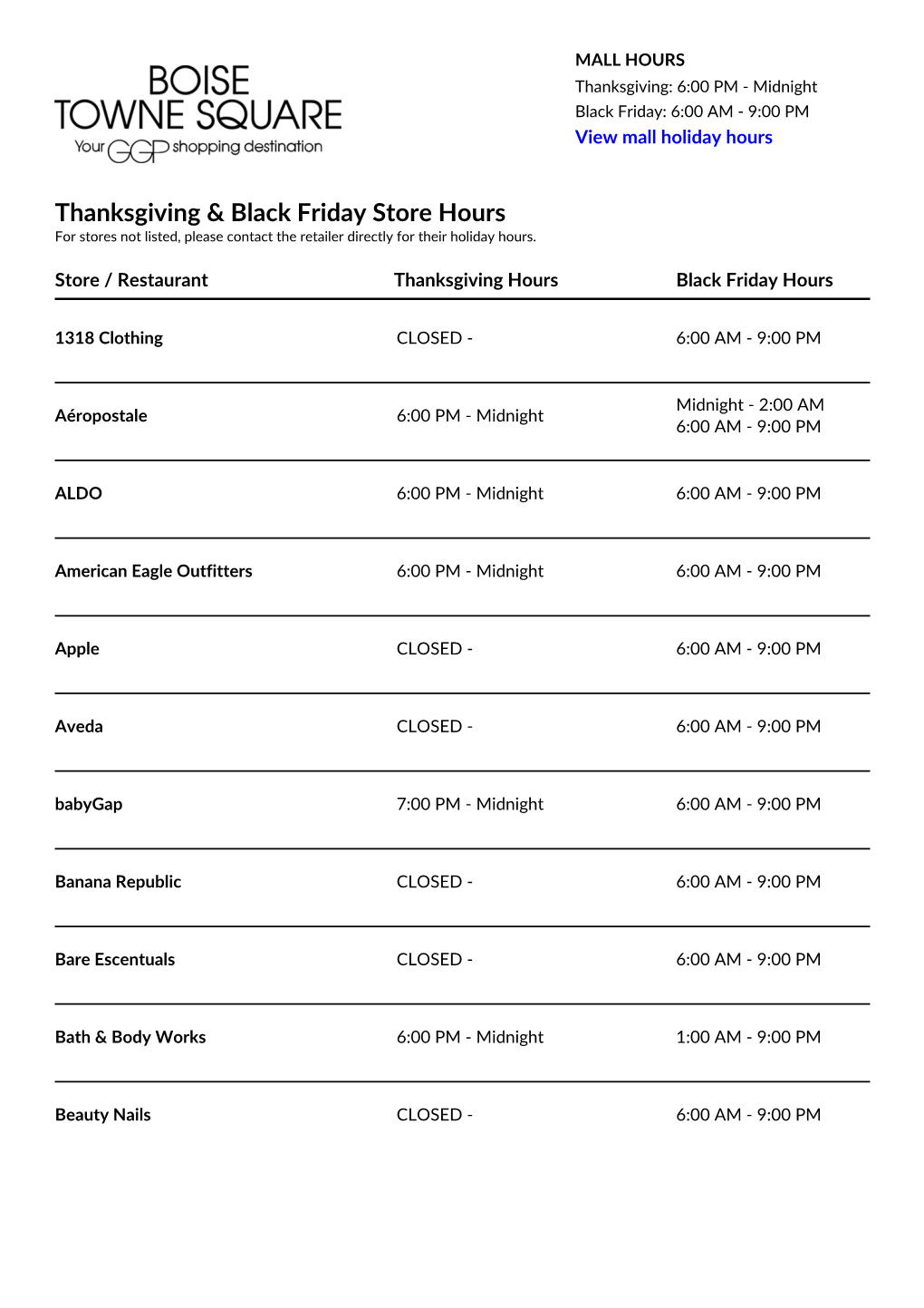 Thanksgiving & Black Friday Store Hours