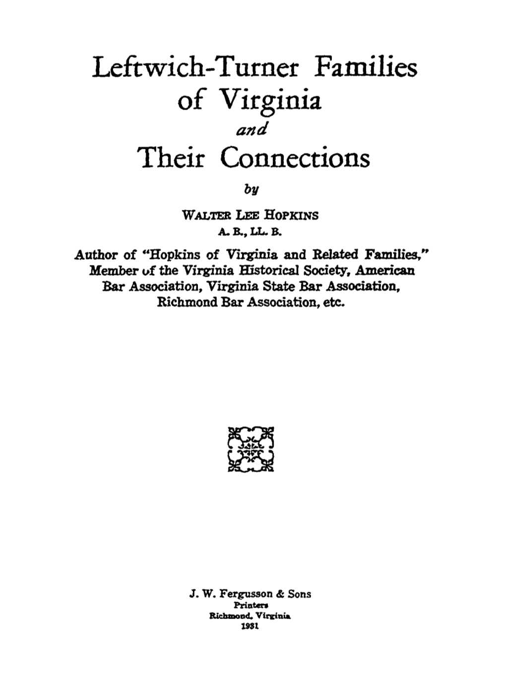 Leftwich-Turner Families of Virginia Their Connections