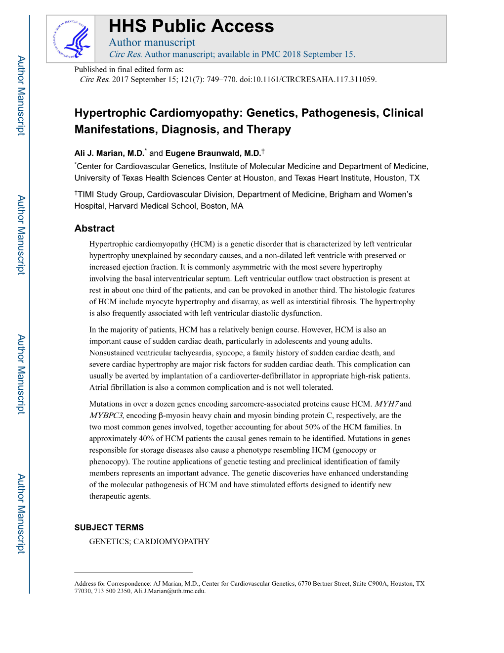 Hypertrophic Cardiomyopathy: Genetics, Pathogenesis, Clinical Manifestations, Diagnosis, and Therapy