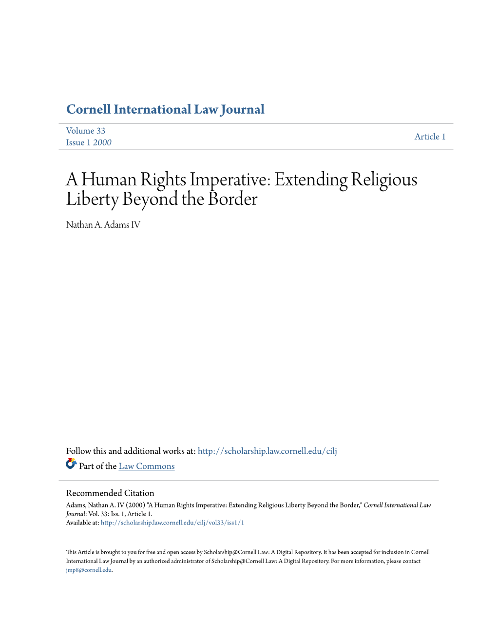 A Human Rights Imperative: Extending Religious Liberty Beyond the Border Nathan A