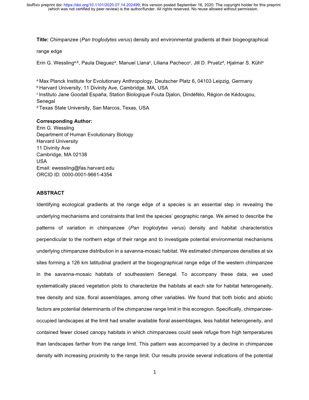 Chimpanzee (Pan Troglodytes Verus) Density and Environmental Gradients at Their Biogeographical