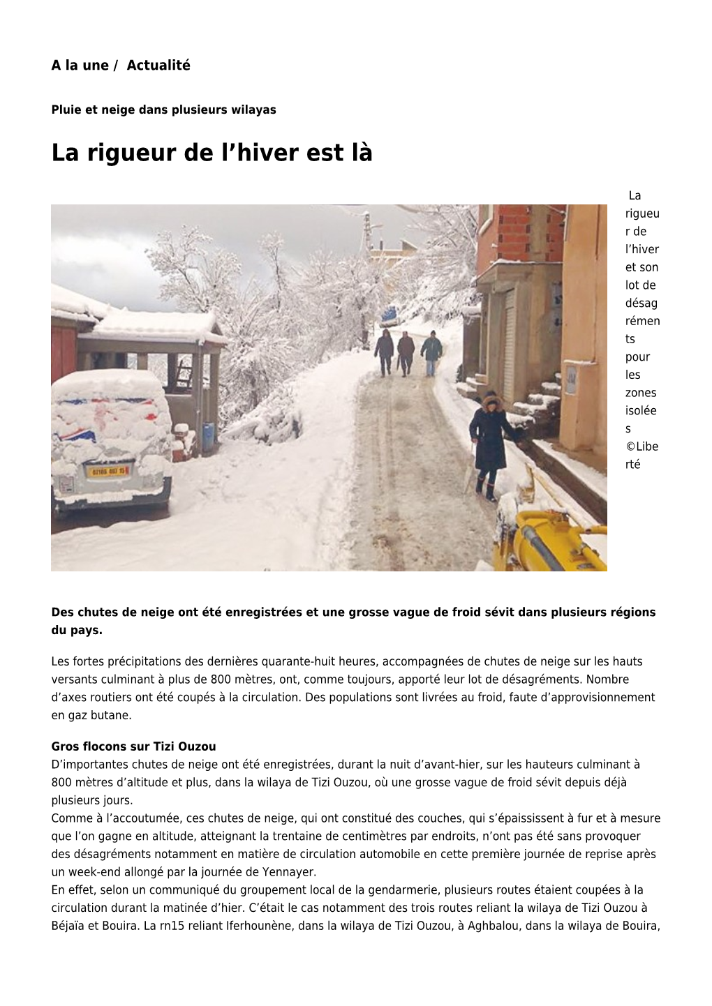 La Rigueur De L'hiver Est Là: Toute L'actualité Sur Liberte-Algerie.Com