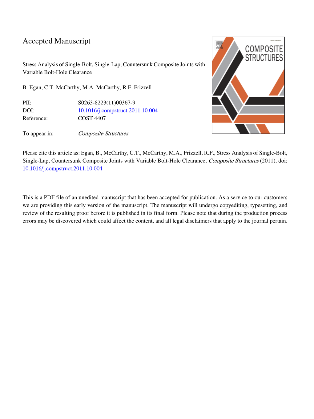 Stress Analysis of Single-Bolt, Single-Lap, Countersunk Composite Joints with Variable Bolt-Hole Clearance