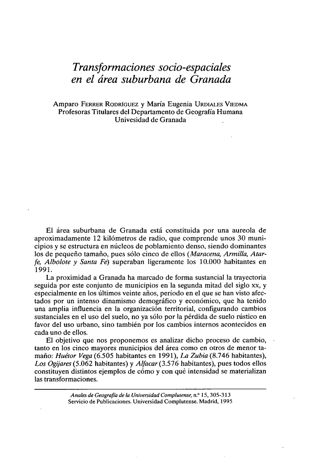 Transformaciones Socio-Espaciales En El Área Suburbana De Granada