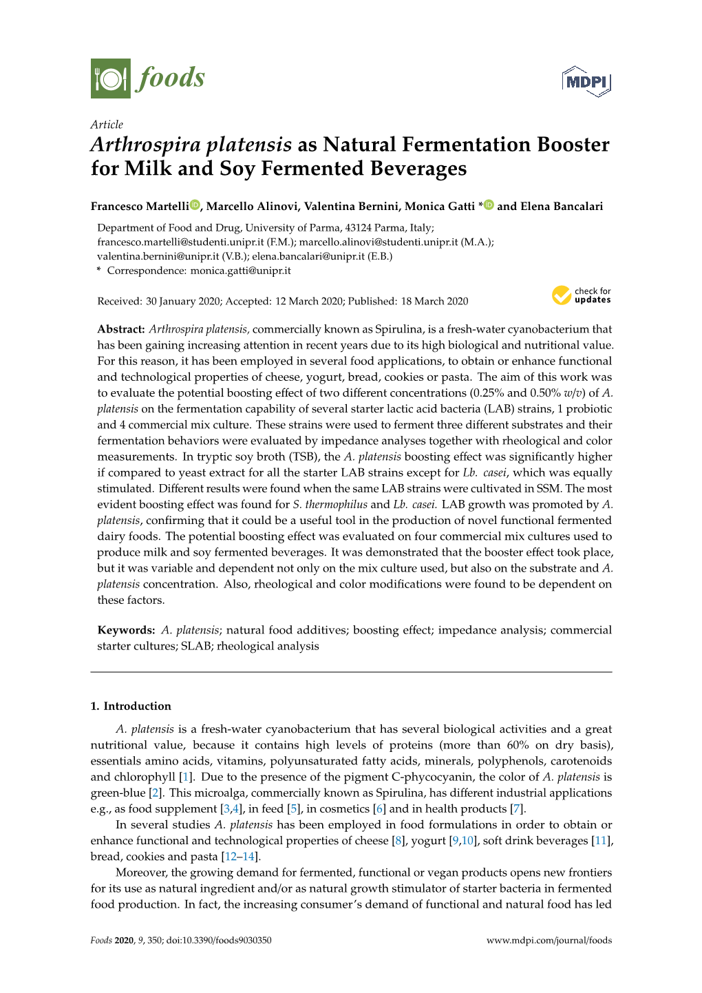 Arthrospira Platensis As Natural Fermentation Booster for Milk and Soy Fermented Beverages