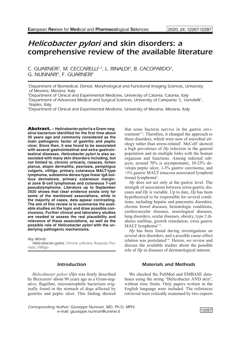 Helicobacter Pylori and Skin Disorders: a Comprehensive Review of the Available Literature